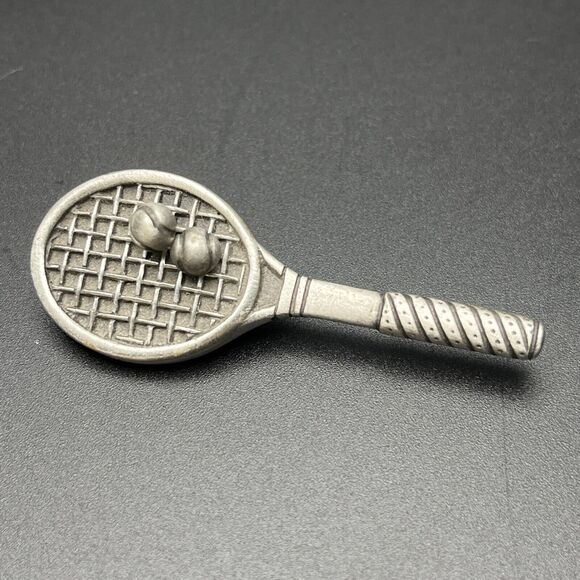 Signed JJ Pewter Tone Tennis Racquet Pin w/ DETACHABLE Tennis Ball Earrings Gift - Picture 2 of 6